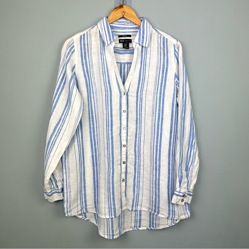 100% linen blend jones New York striped hi low button down shirt size M